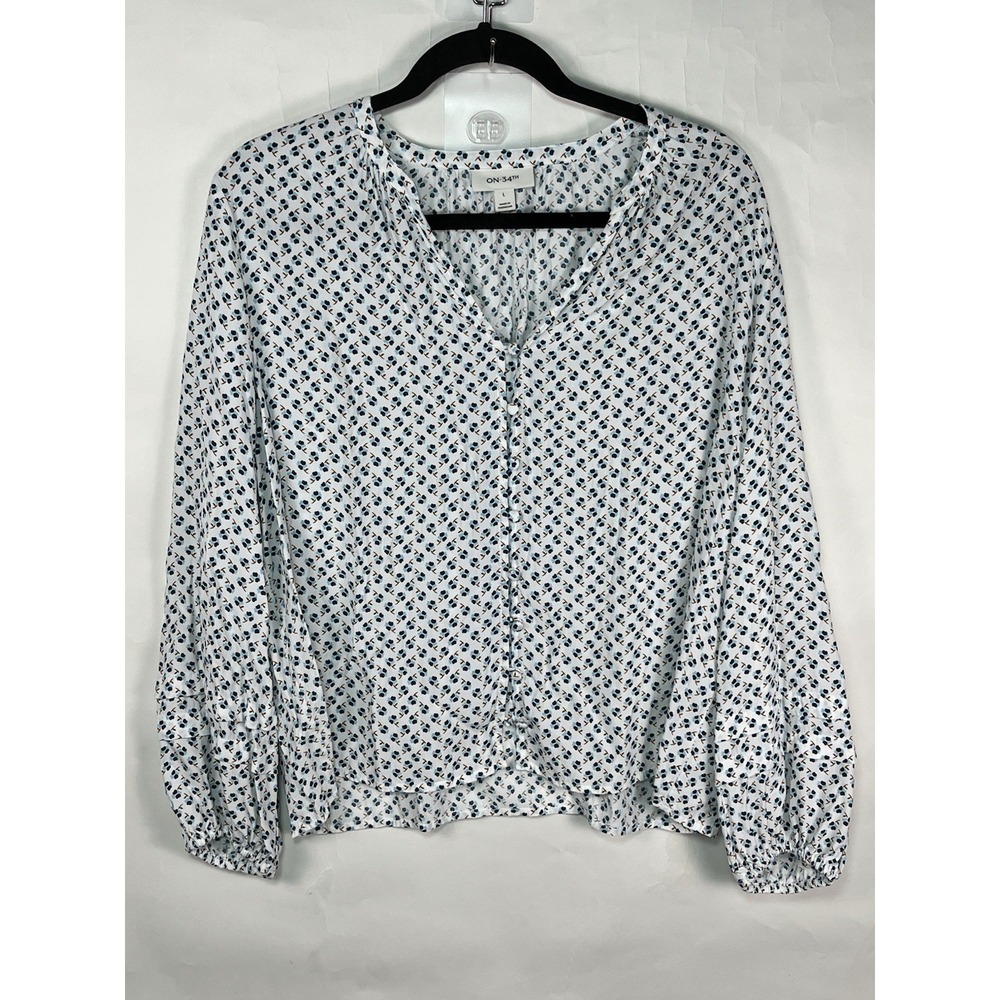 ON 34th Womens Floral Button Front Blouse Long Sleeve V-Neck Lightweight‎ Top L